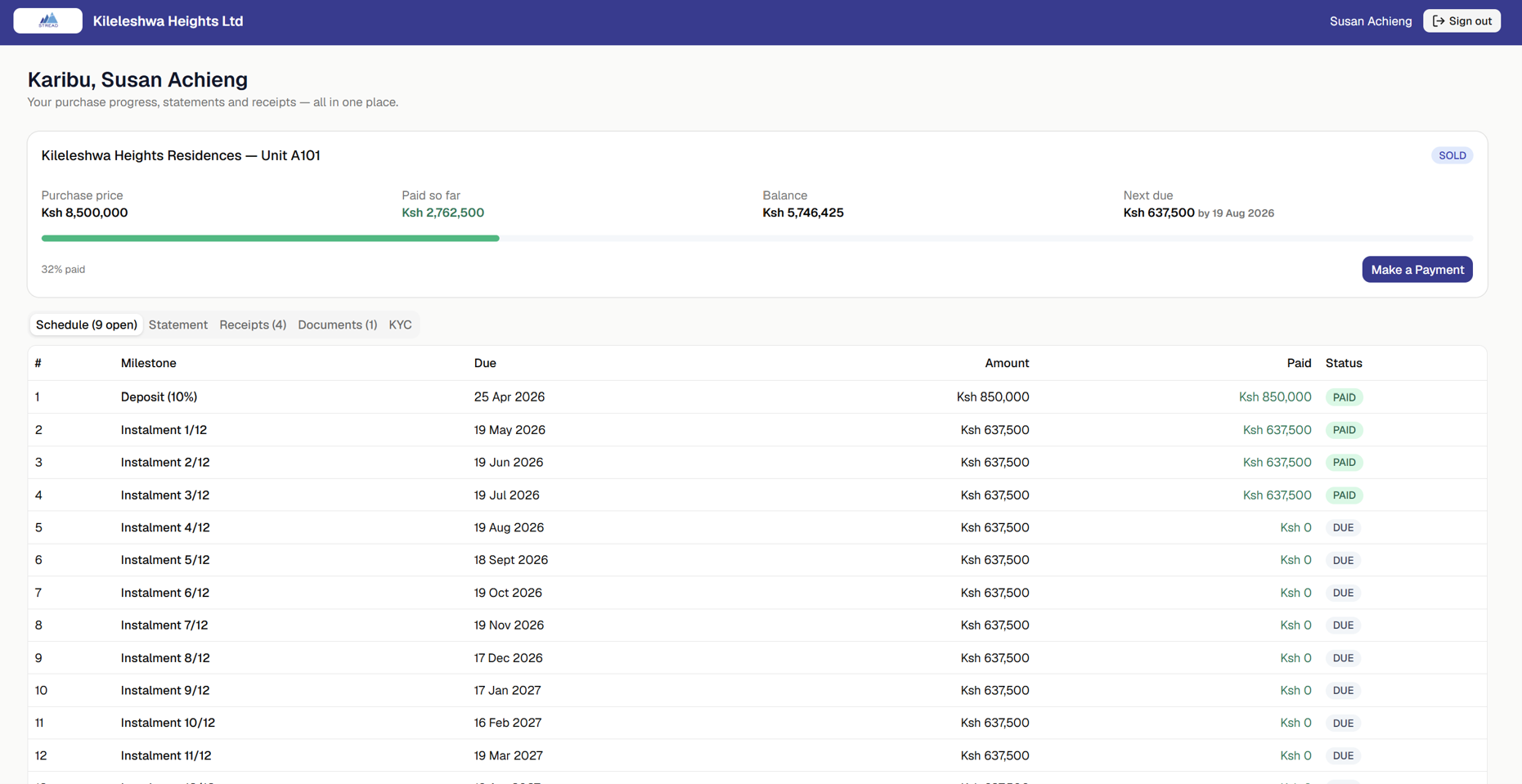 CRM Buyer portal — payment progress and schedule