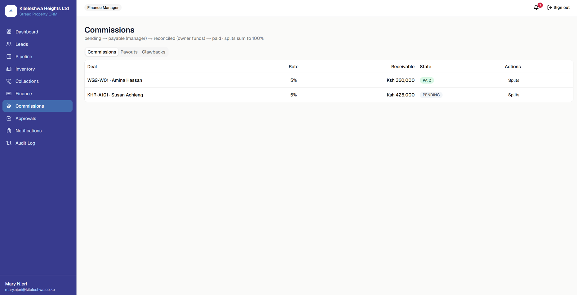 CRM Commissions — pending and paid