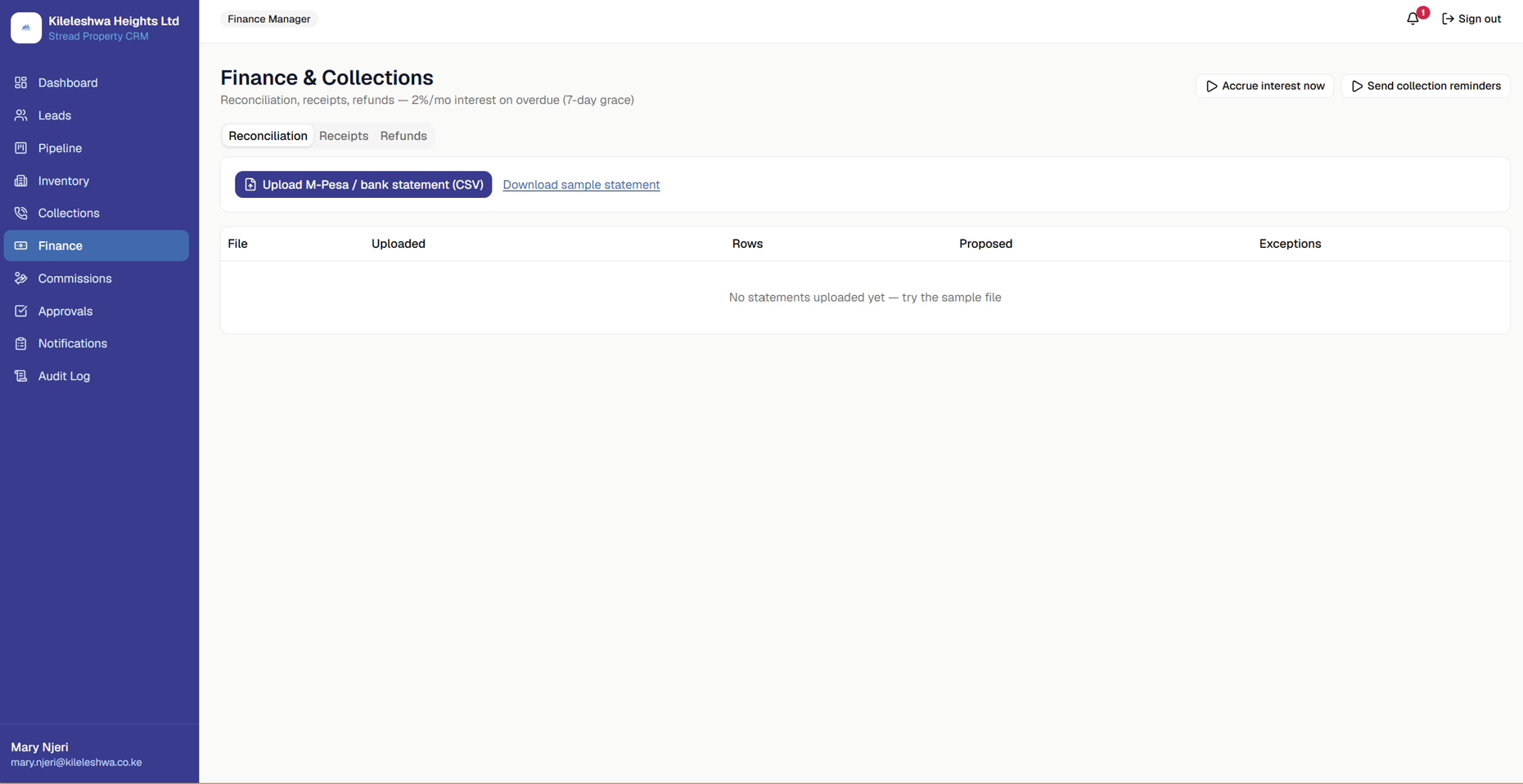 CRM Finance & Collections — M-Pesa reconciliation